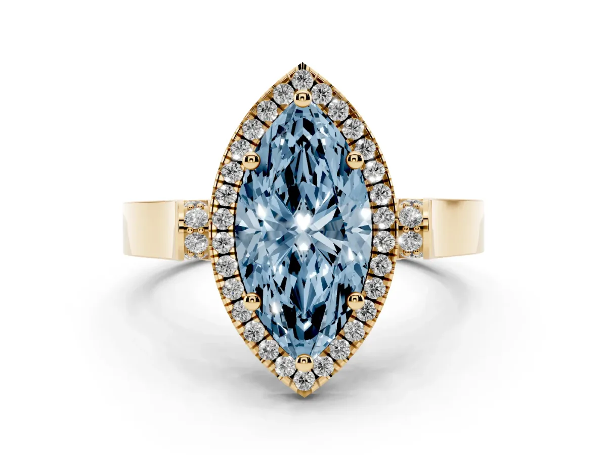 Fancy Blue Marquise Cut Halo Round Diamond Twist Band with Four-Prong Setting Yellow gold
