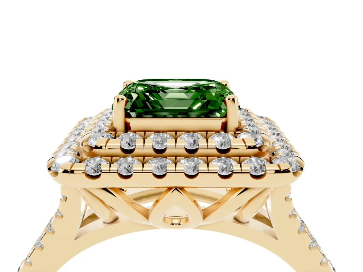 Fancy Green Double Halo Asscher Cut Diamond Pavé Split Shank Ring with Prong Setting Yellow gold