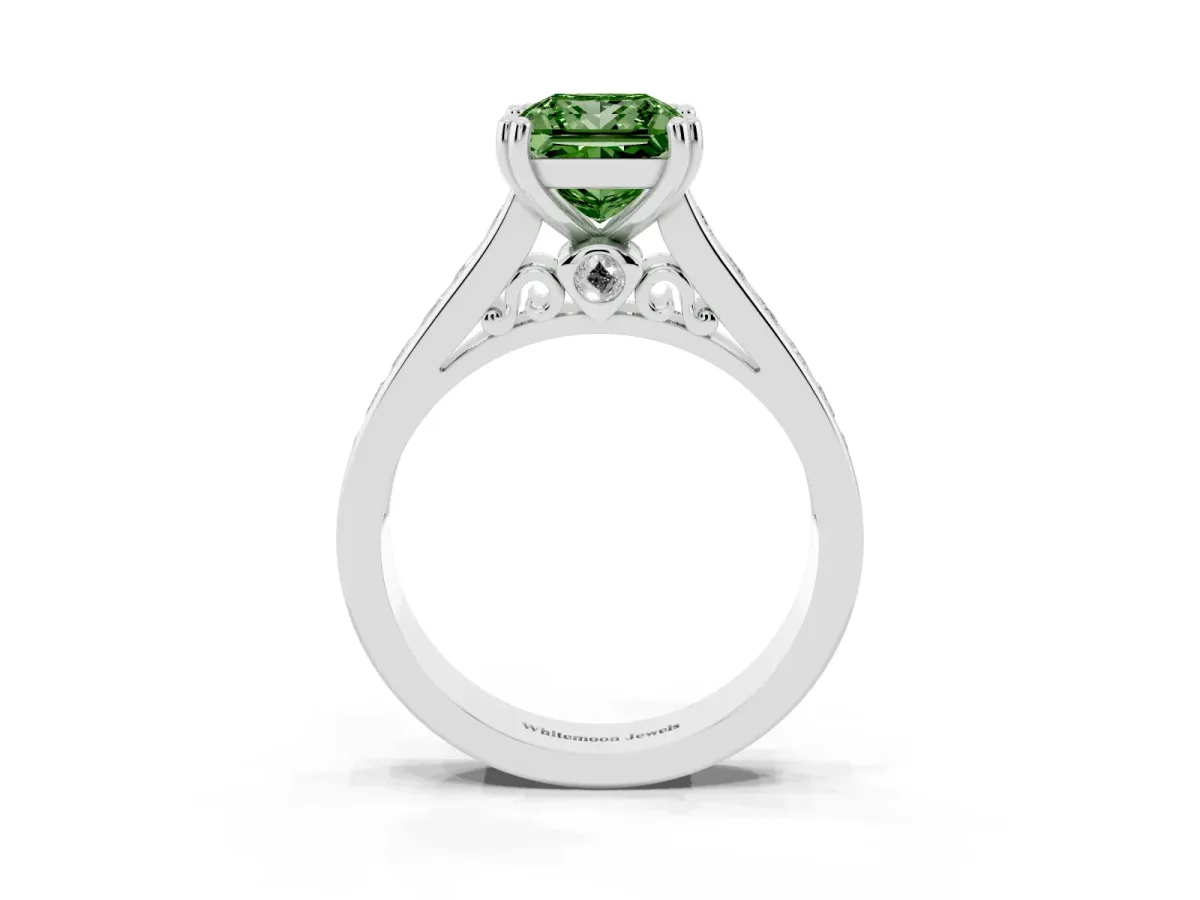 Fancy Green Princess Cut Cut Channel Set Solitaire Engagement Ring with Prong Setting Platinum