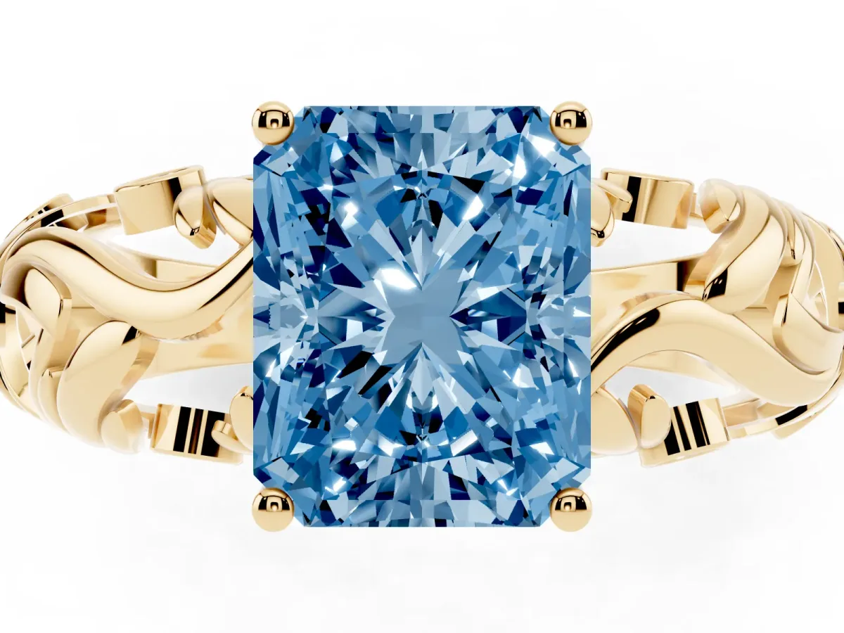 Fancy Blue Radiant Cut Solitaire Diamond Leaf-Inspired Vine Band Ring with Prong Setting Yellow gold
