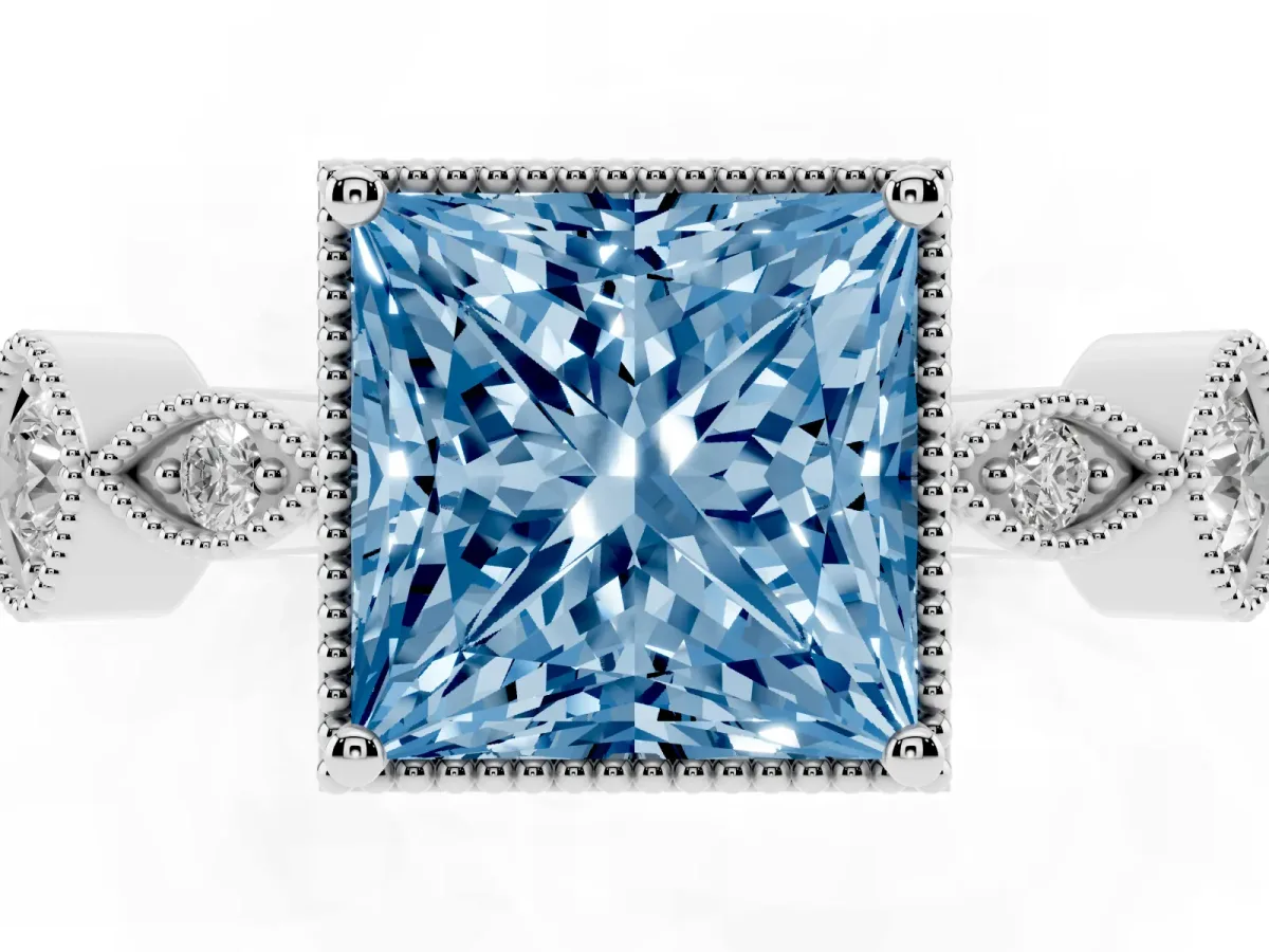 Fancy Blue Princess Cut Diamond Vintage Milgrain Ring with Round Stations Silver