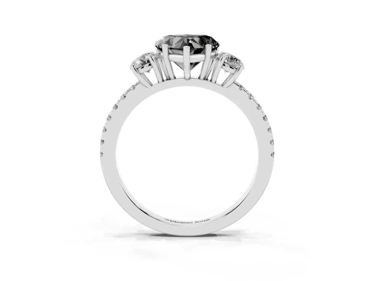 Fancy Black Three-Stone Heart Cut Cut Diamond Pavé Band with Prong Setting Silver