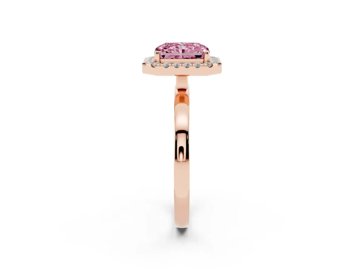 Fancy Pink Radiant Cut Halo Diamond Solitaire with Pavé Band and Four-Prong Setting Rose gold