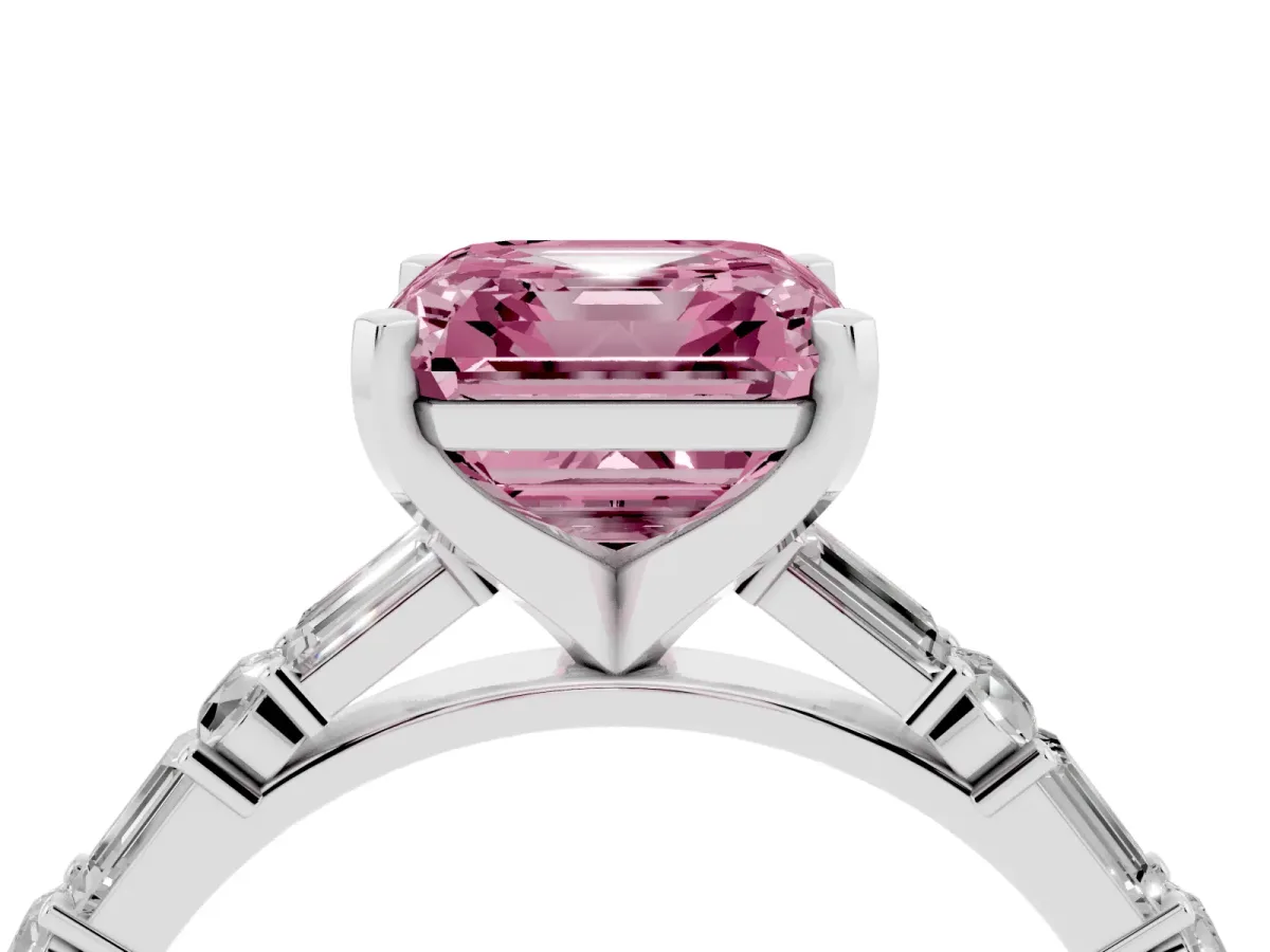 Fancy Pink Asscher Cut Diamond Solitaire with Side Baguettes and Channel Set Band Silver
