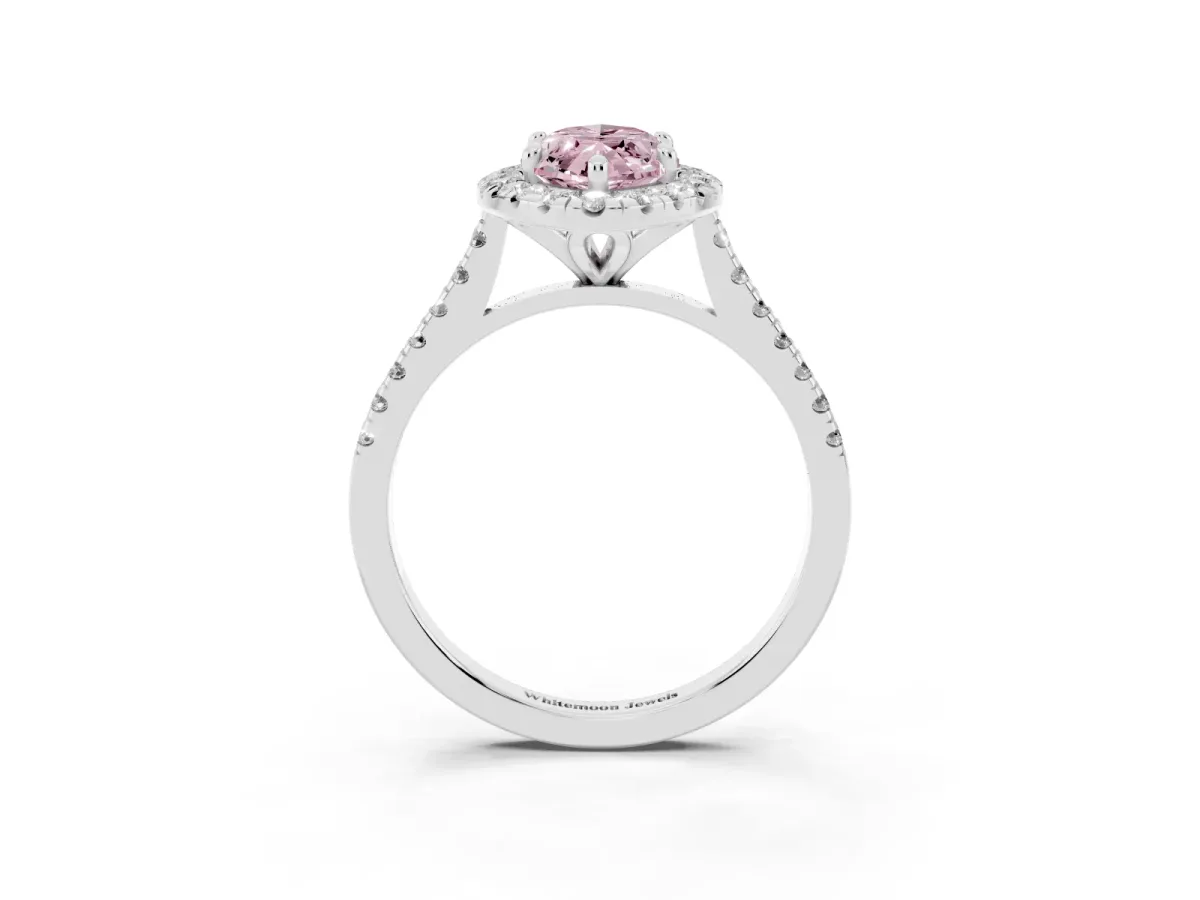 Fancy Pink Marquise Cut Diamond Cushion Halo Ring with Pavé Band White gold