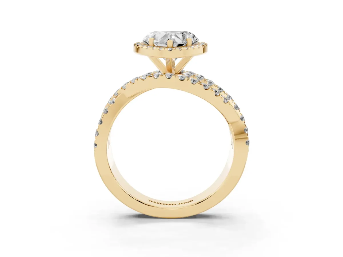 Heart Cut Diamond Halo Ring with Round Split Shank and Prong Setting Yellow gold