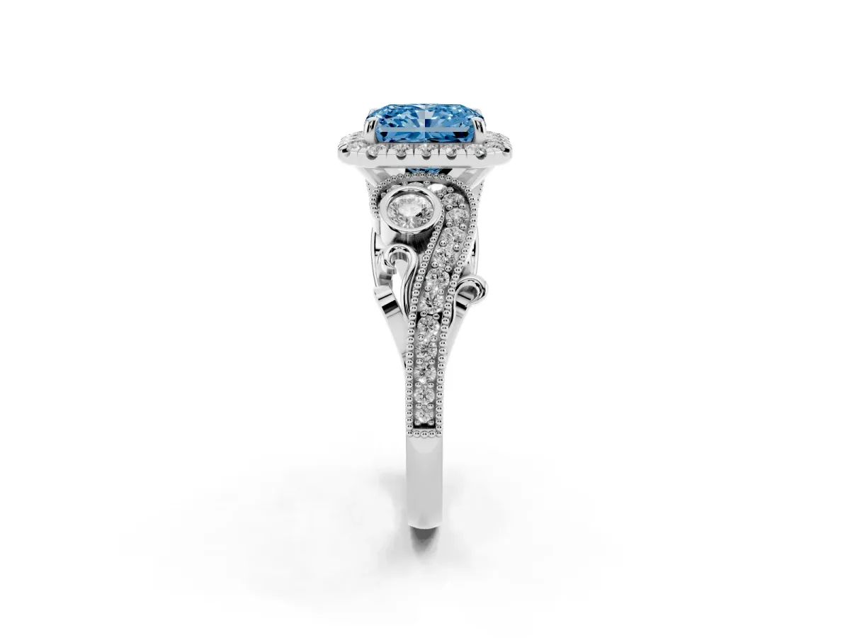 Fancy Blue Radiant Cut Diamond Halo Ring with Milgrain Pavé Band and Four-Prong Setting Silver