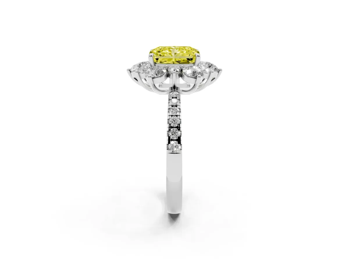 Fancy Yellow Radiant Cut Diamond Floral Halo Ring with Round Pavé Band and Prong Setting Platinum