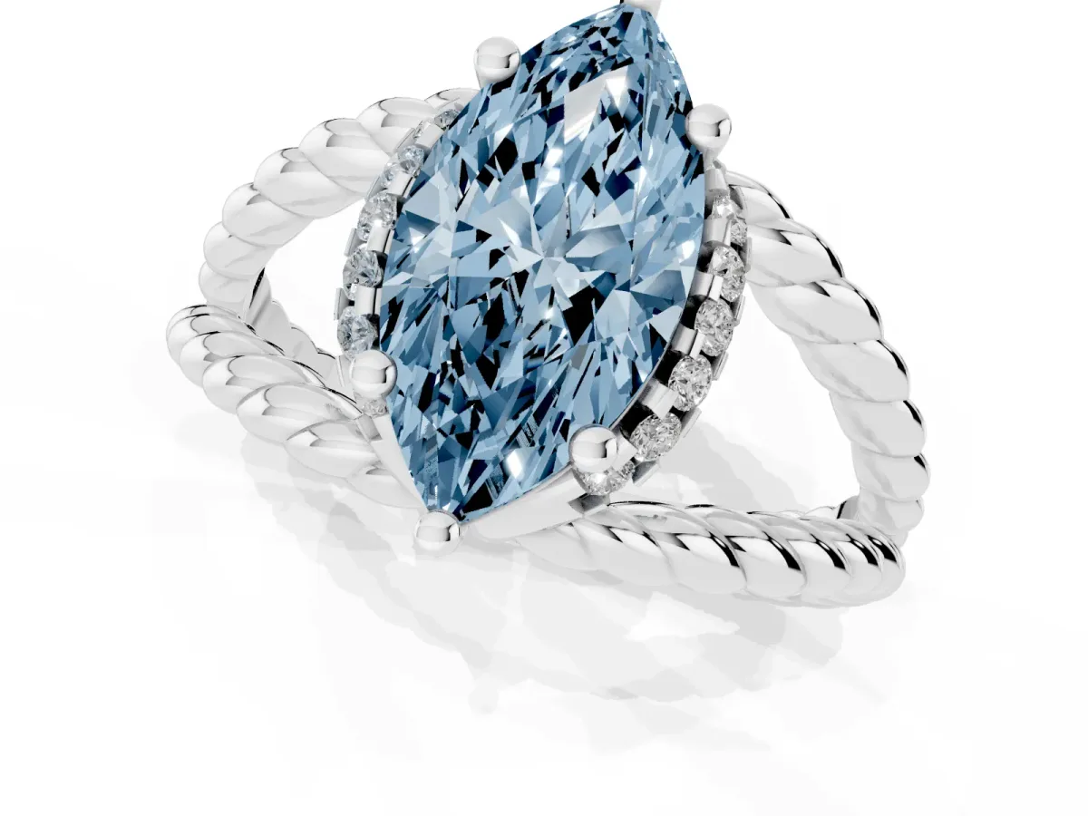 Fancy Blue Marquise Cut Halo Twisted Band Four-Prong Ring Platinum
