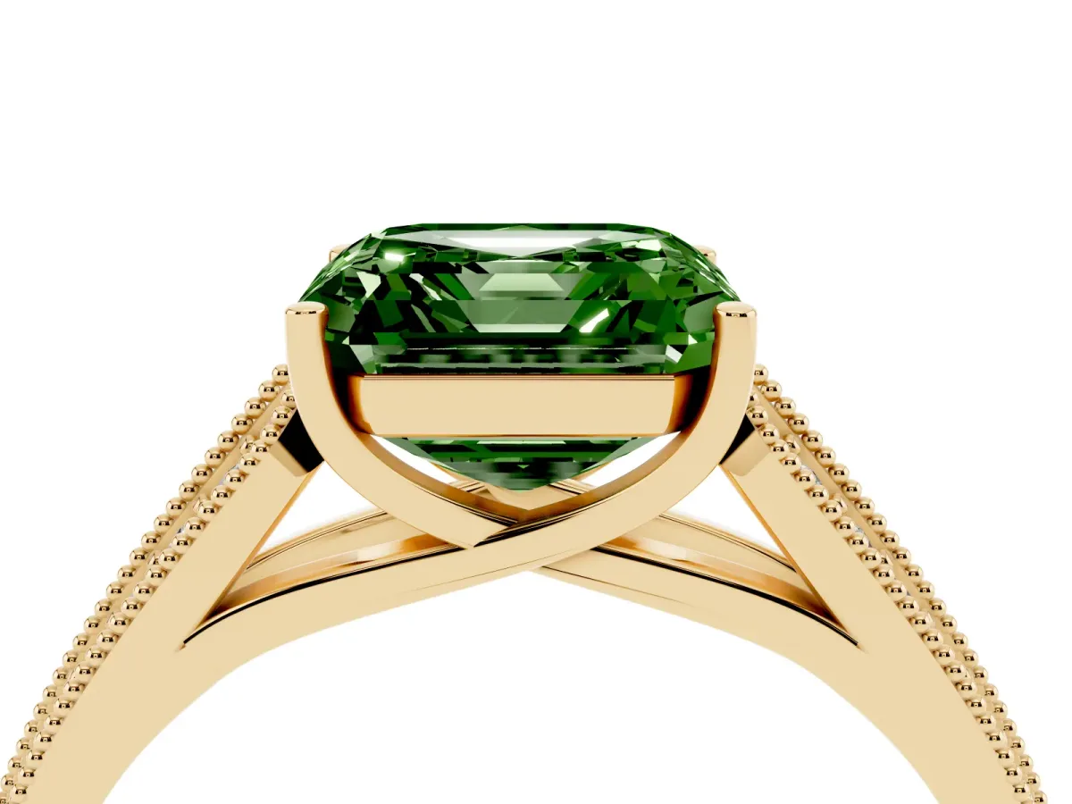 Fancy Green Asscher Cut Cut Pave Split Shank Engagement Ring with Four-Prong Setting Yellow gold