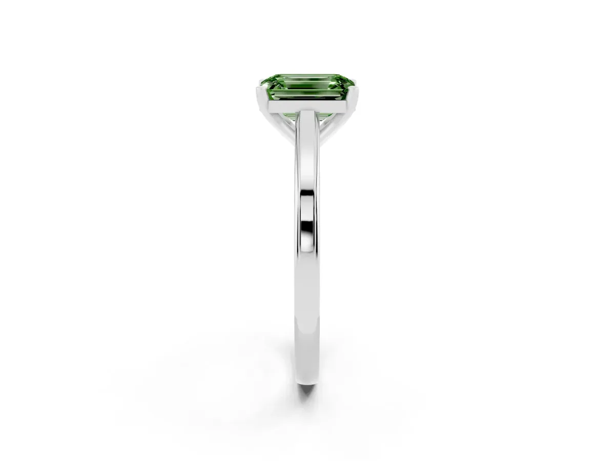 Fancy Green Emerald Cut Solitaire Diamond Ring with Four-Prong Setting and Classic Band Platinum