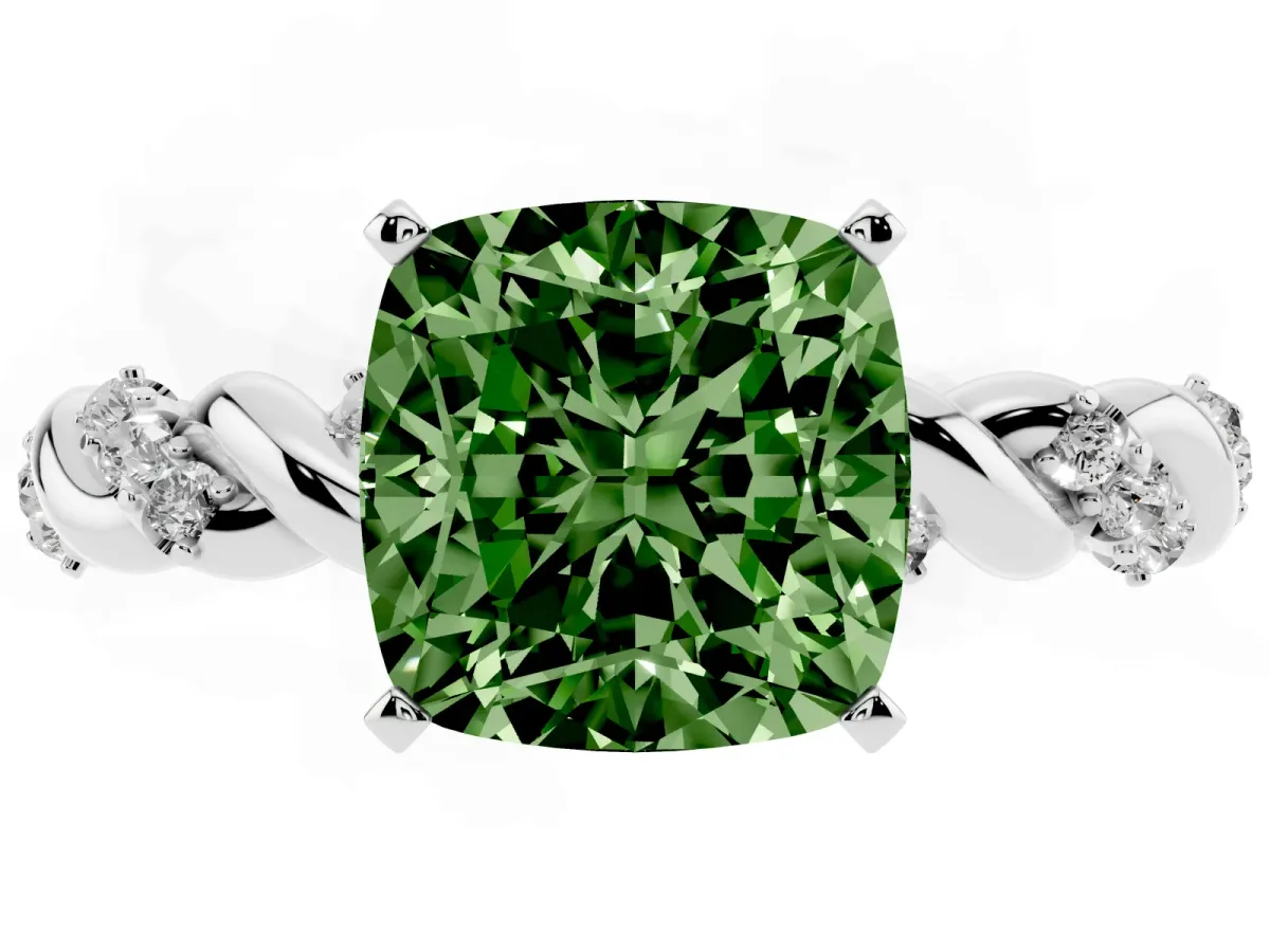 Fancy Green Cushion Cut Diamond Solitaire Ring with Twisted Band and Pavé Accents Silver