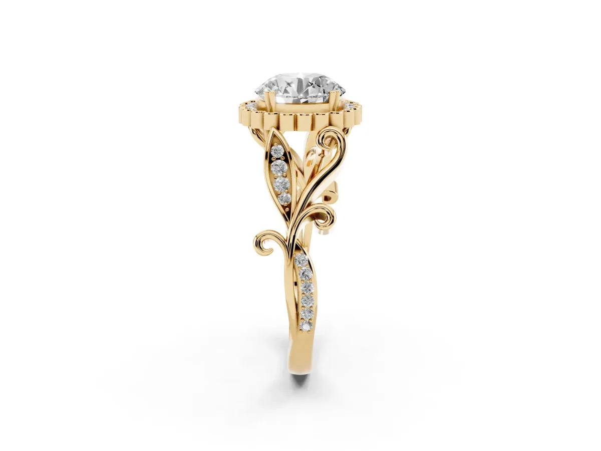Round Cut Diamond Halo Ring with Vintage Split Shank and Four-Prong Setting Yellow gold