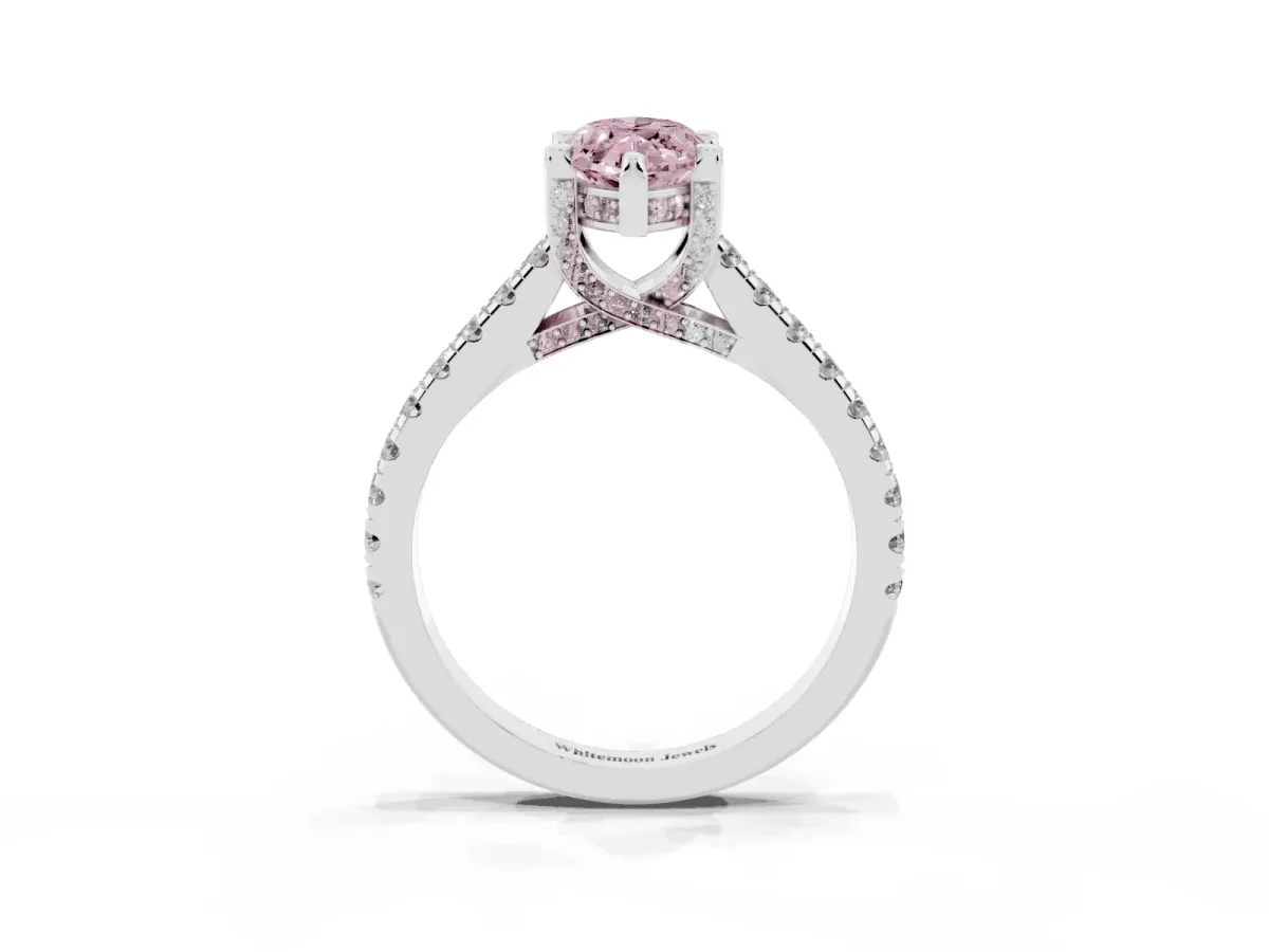 Fancy Pink Marquise Cut Brilliant Diamond Solitaire with Pavé Band and Four-Prong Setting Silver
