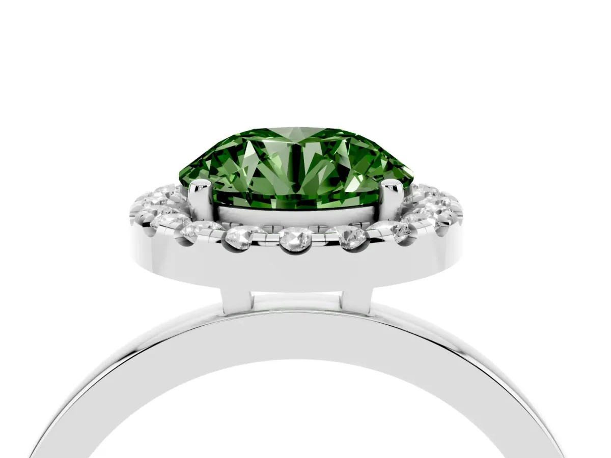 Fancy Green Round Cut Halo Diamond Solitaire with Pavé Band and Four-Prong Setting White gold
