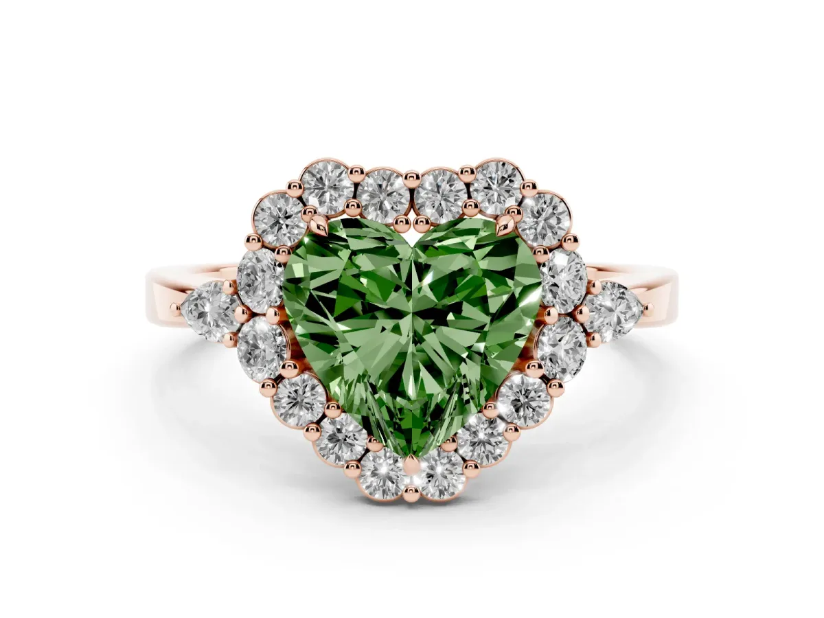 Fancy Green Heart Cut Diamond Halo Ring with Pear Side Stones and Prong Setting Rose gold