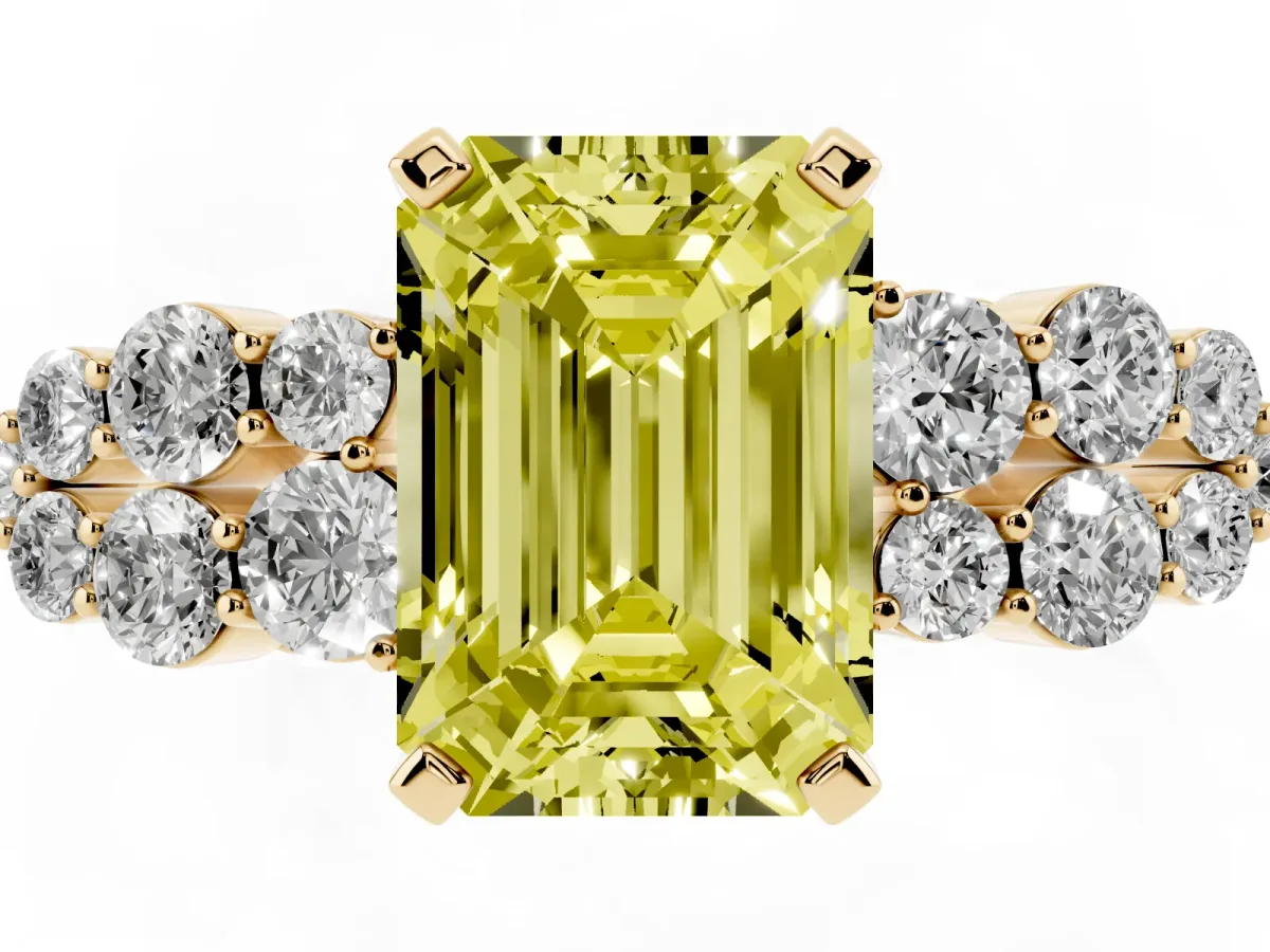 Fancy Yellow Emerald Cut Cluster Diamond Engagement Ring with Pavé Band and Four-Prong Setting Yellow gold