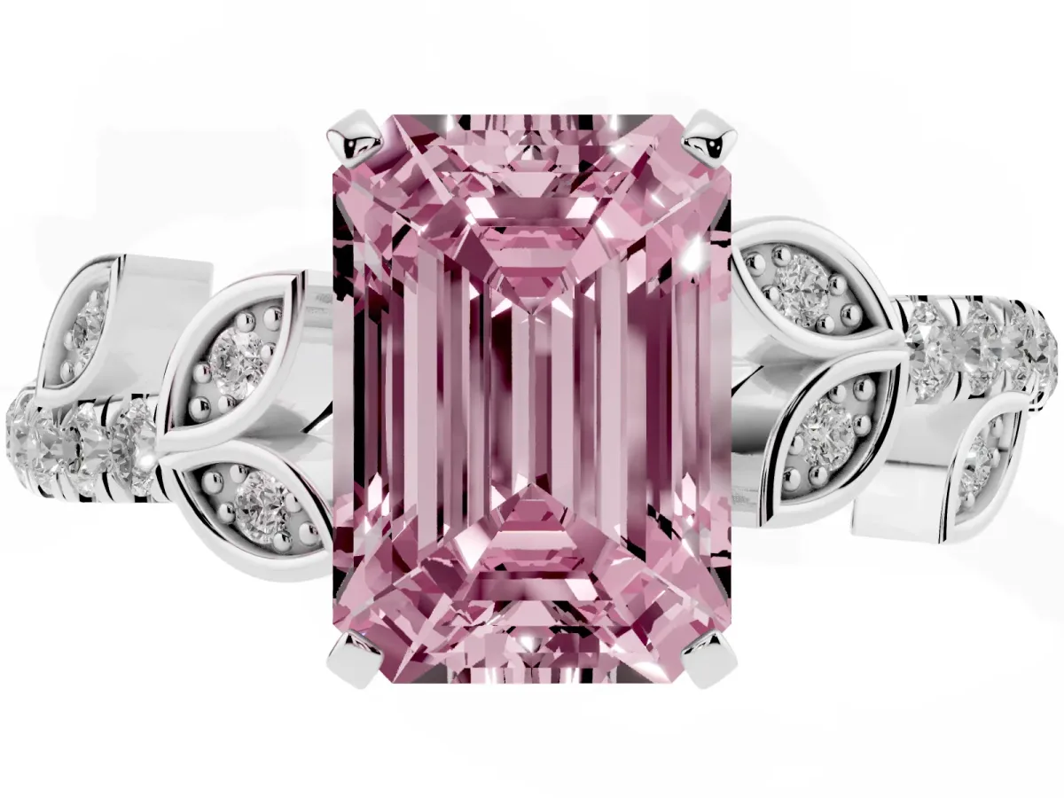 Fancy Pink Emerald Cut Solitaire Leaf-Inspired Diamond Ring with Pavé Band and Four-Prong Setting Silver