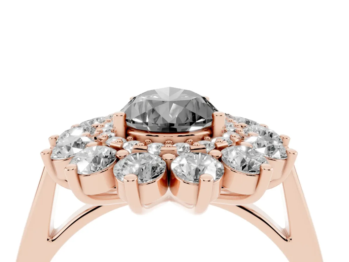 Fancy Black Pear Cut Diamond Floral Double Halo Engagement Ring with Prong Setting Rose gold