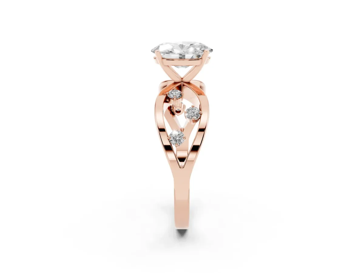 Oval Cut Cut Solitaire Diamond with Side Stones on Criss-Cross Band and Four-Prong Setting Rose gold