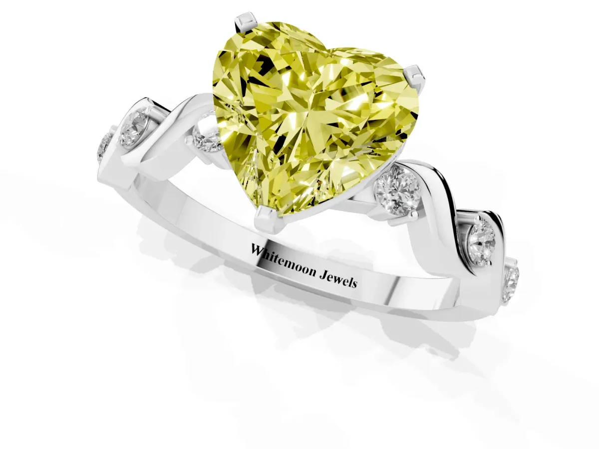 Fancy Yellow Heart Cut Diamond Solitaire Twisted Band with Round Accents and Prong Setting White gold