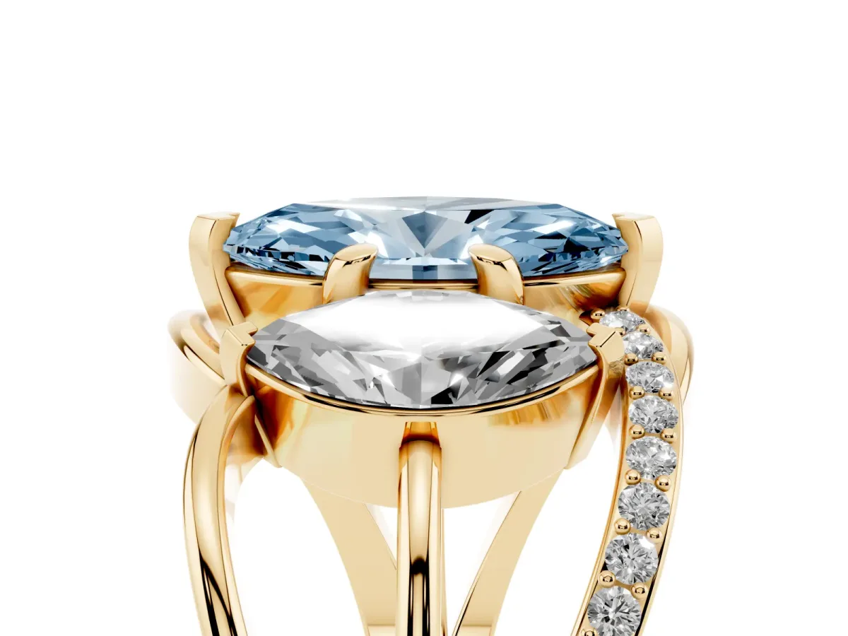 Fancy Blue Three-Stone Marquise Cut Cut Diamond Split Shank Prong Set Ring Yellow gold
