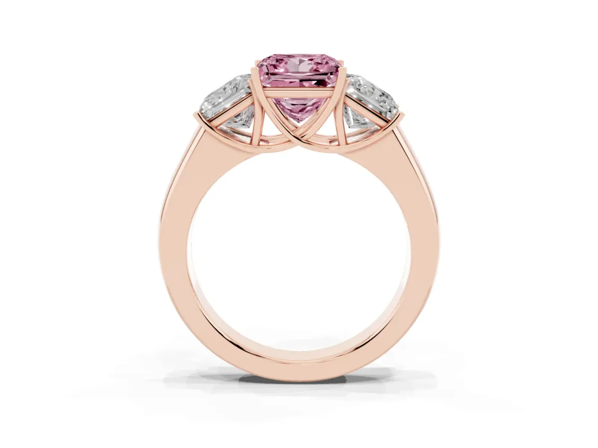 Fancy Pink Three-Stone Princess Cut Cut Diamond Ring with Prong Setting and Classic Band Rose gold