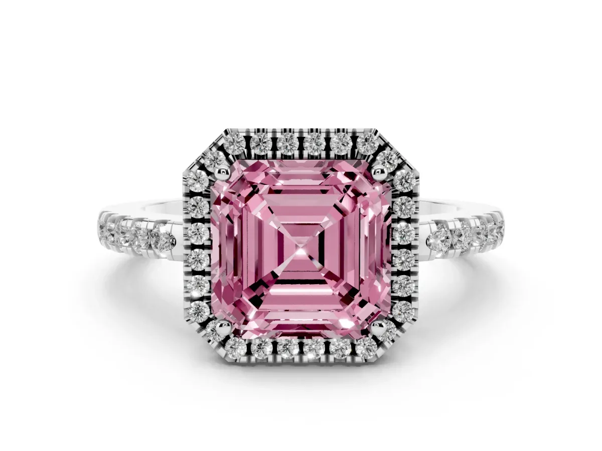 Fancy Pink Asscher Cut Halo Diamond Engagement Ring with Pavé Band and Four-Prong Setting Platinum