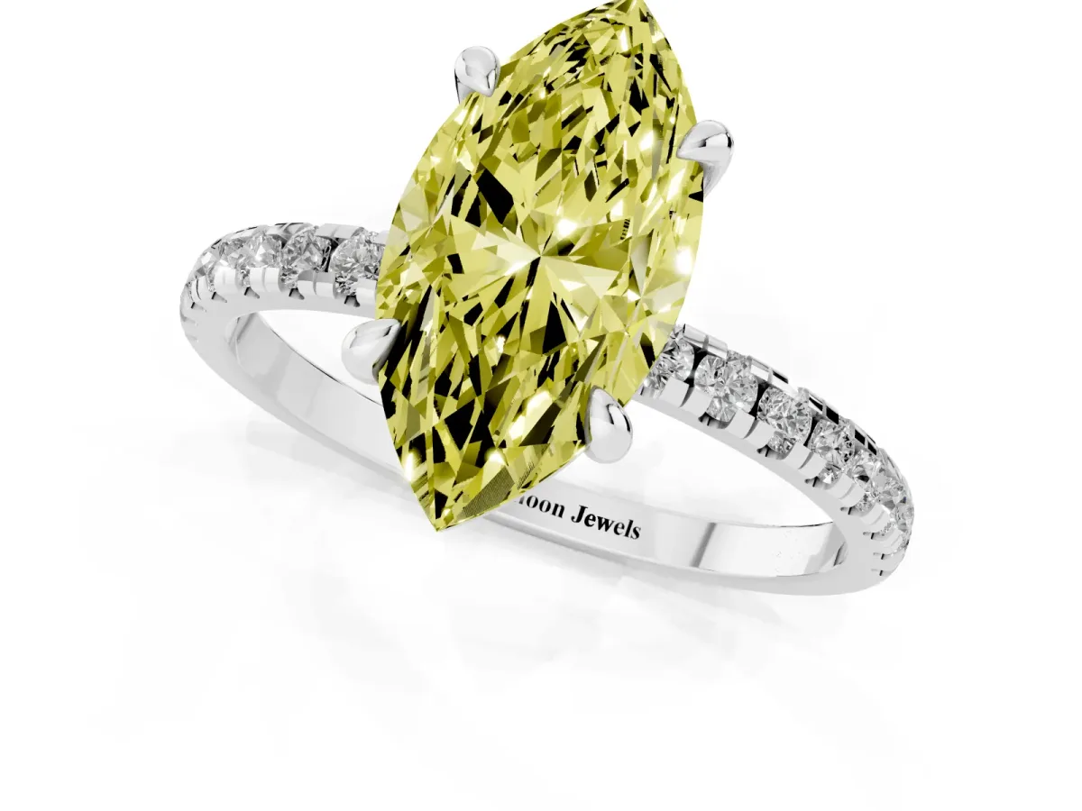 Fancy Yellow Marquise Cut Diamond Brilliant Solitaire Ring with Pavé Band and Four-Prong Setting Platinum