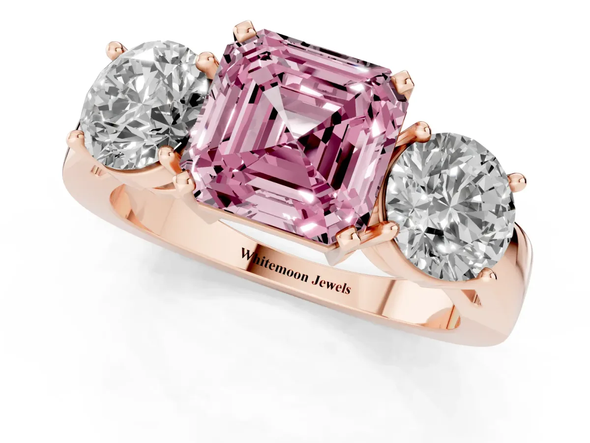 Fancy Pink Three-Stone Asscher Cut Diamond Ring with Round Side Stones, Classic Band, and Four-Prong Setting Rose gold