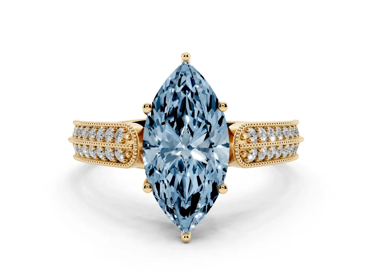 Fancy Blue Marquise Cut Cut Pave Split Shank Engagement Ring with Four-Prong Setting Yellow gold