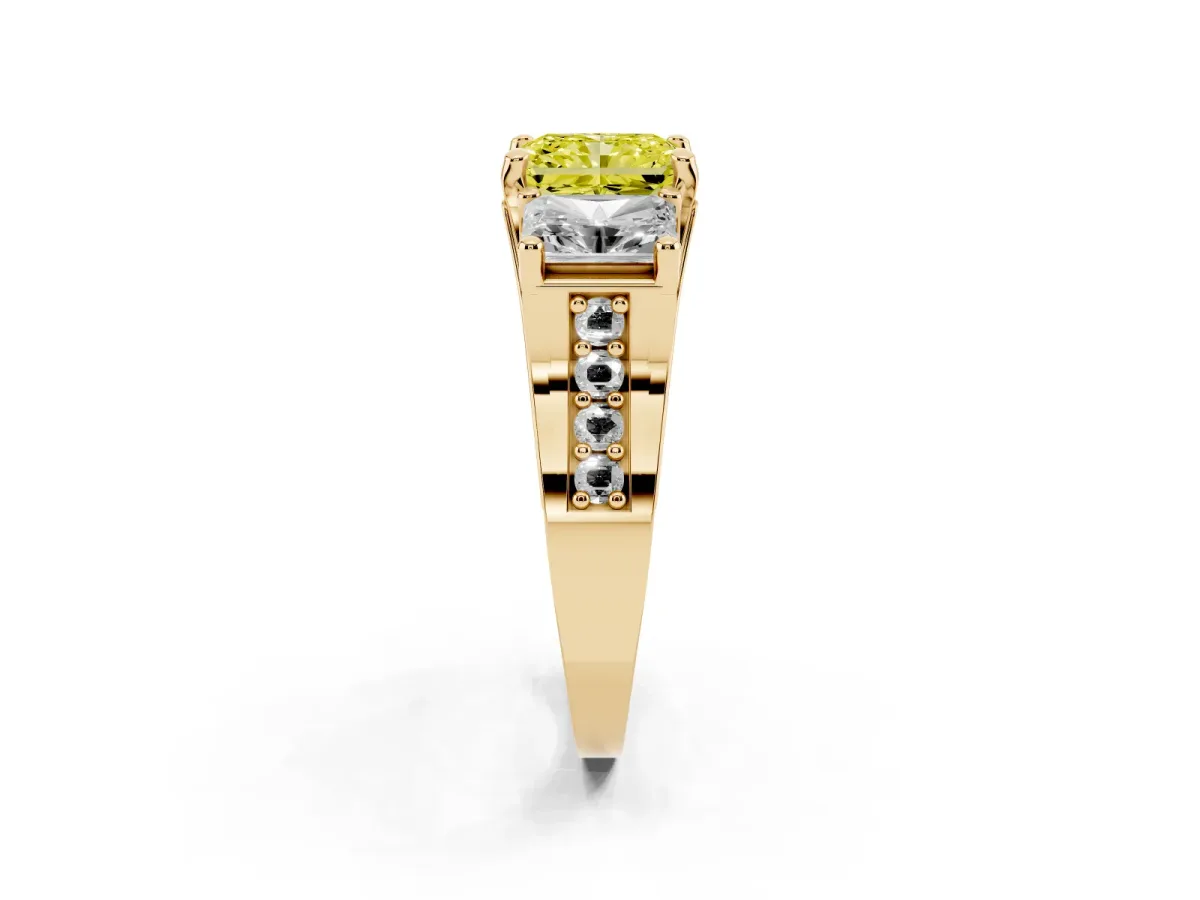 Fancy Yellow Radiant Cut Diamond Three-Stone Ring with Channel Set Band and Four-Prong Setting Yellow gold