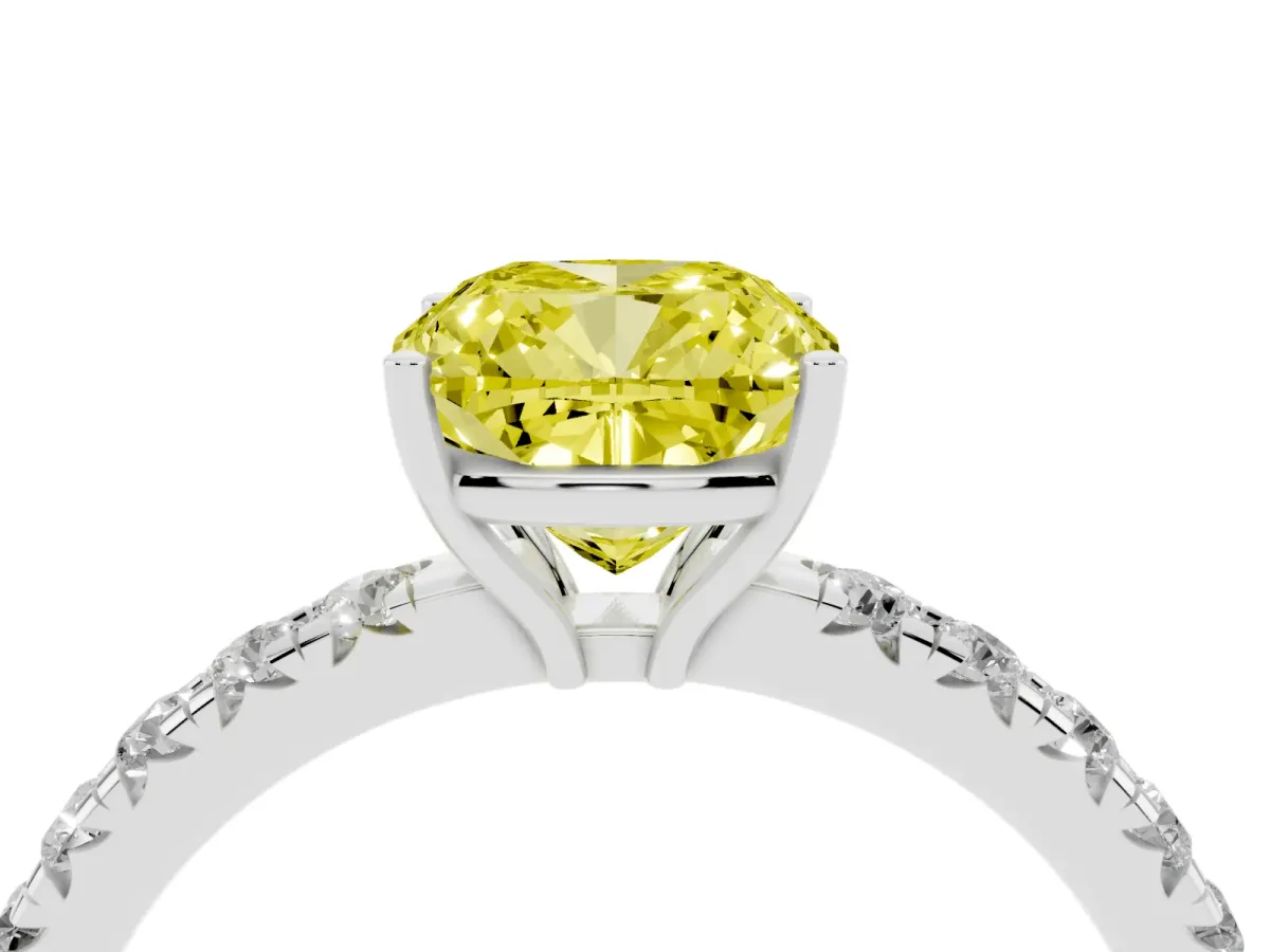 Fancy Yellow Cushion Cut Diamond Pavé Solitaire Engagement Ring with Four-Prong Setting Silver