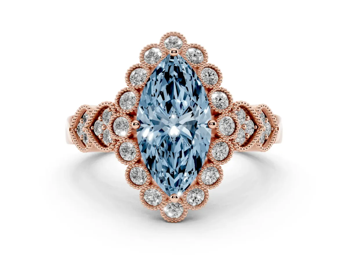 Fancy Blue Marquise Cut Brilliant Milgrain Pave Heart Band Solitaire Ring Rose gold