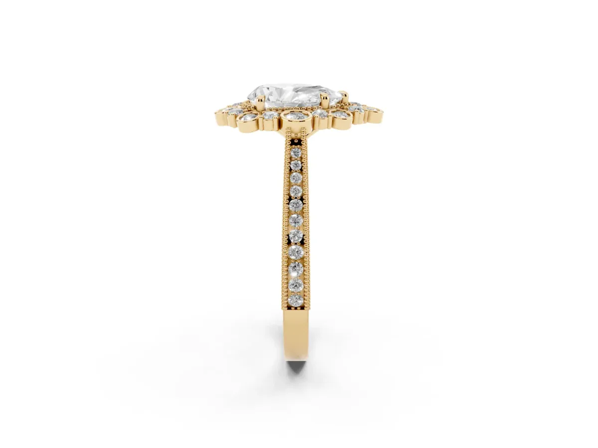 Pear Cut Halo Milgrain Pave Diamond Ring with Four-Prong Setting Yellow gold