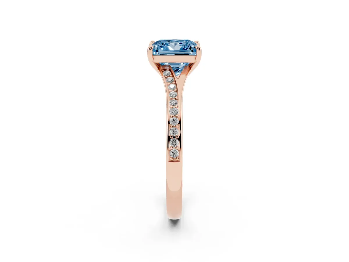 Fancy Blue Princess Cut Diamond Solitaire Ring with Pavé Band and Prong Setting Rose gold