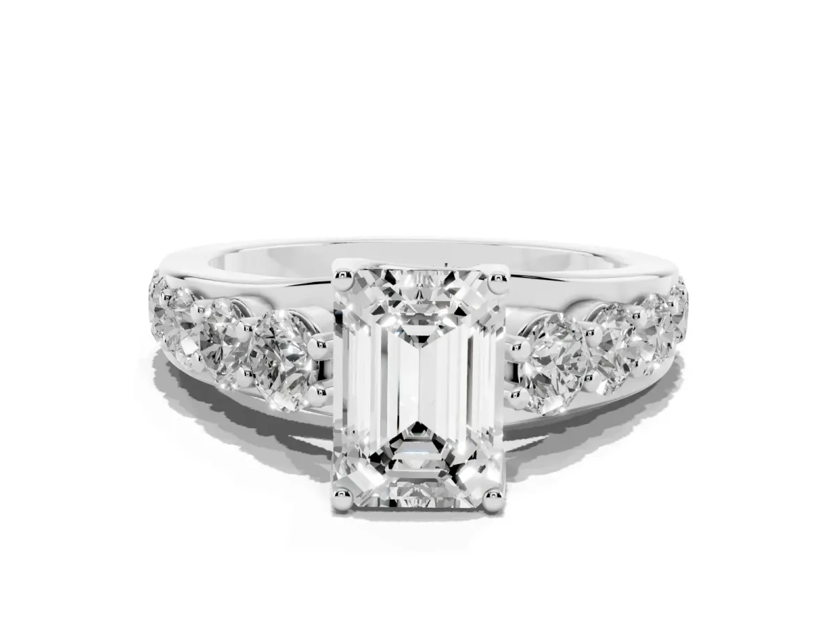 Emerald Cut Diamond Engagement Ring with Pavé Band and Four-Prong Setting Silver