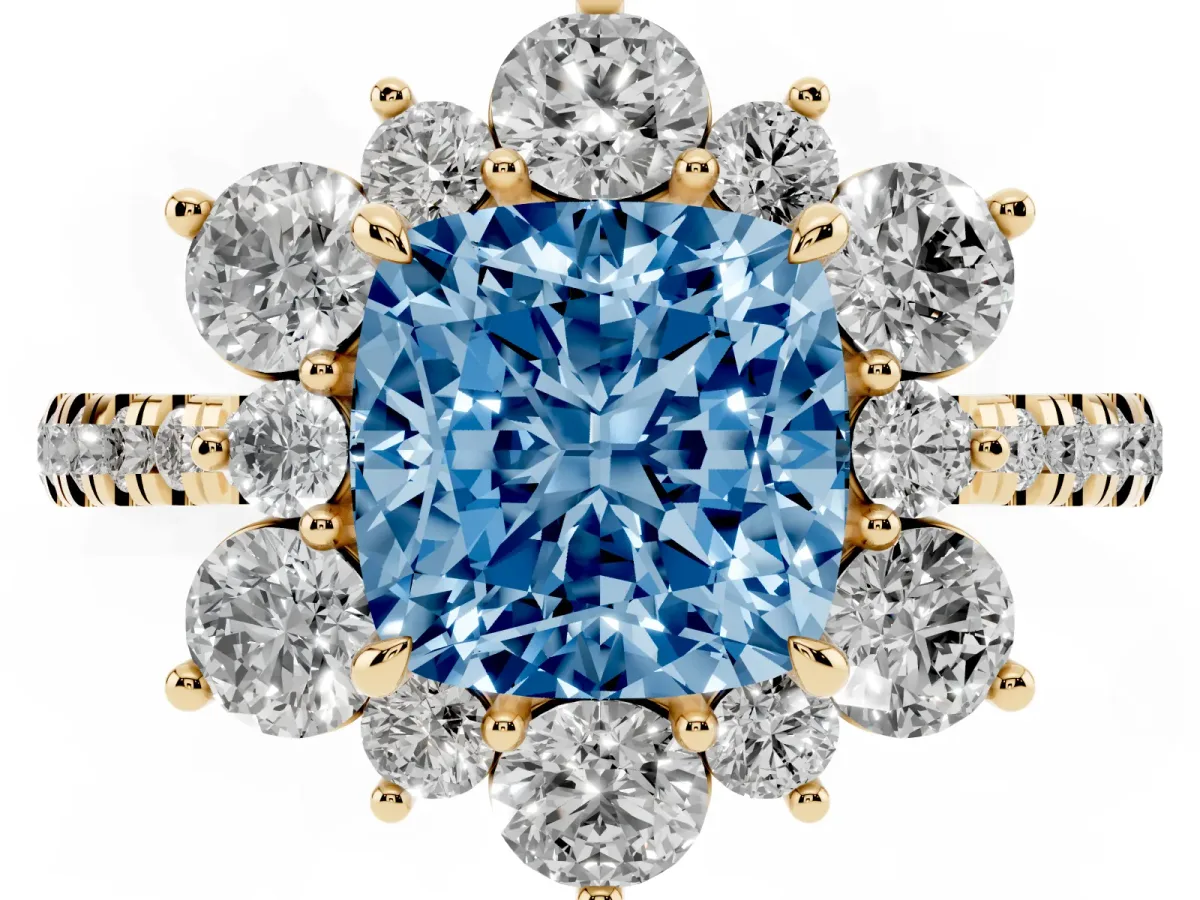 Fancy Blue Cushion Cut Diamond Floral Halo Ring with Round Pavé Band and Prong Setting Yellow gold
