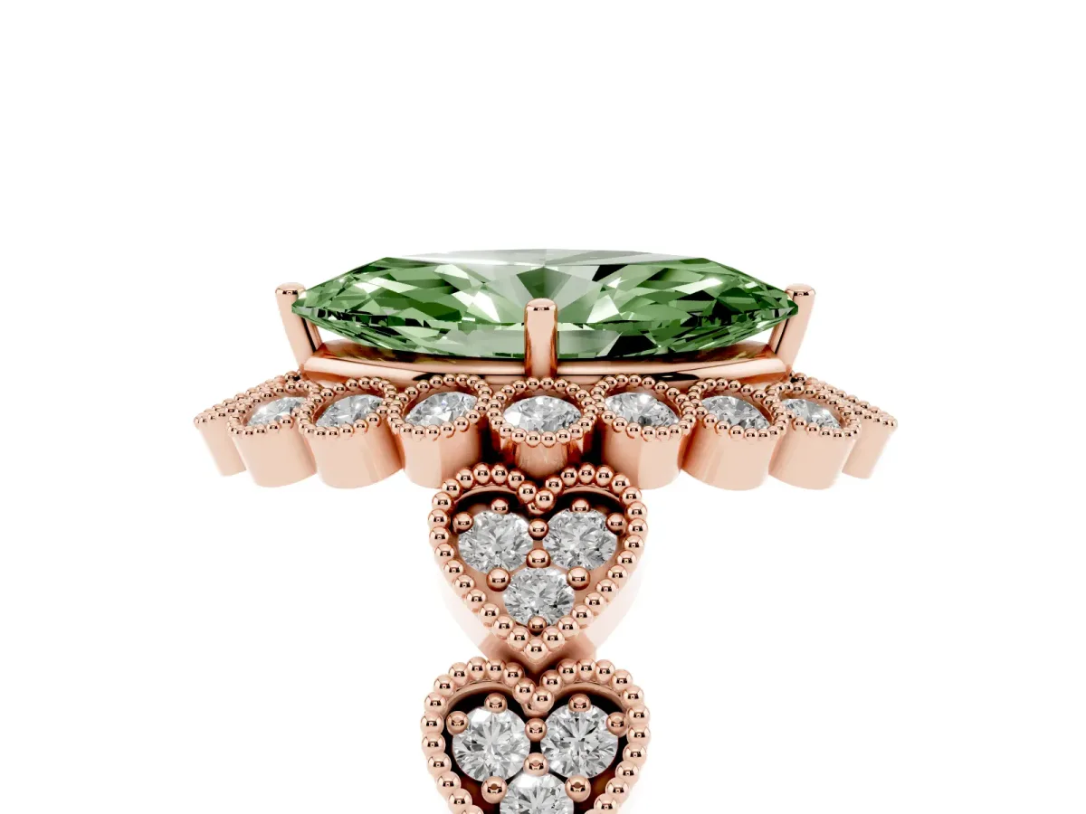 Fancy Green Marquise Cut Brilliant Milgrain Pave Heart Band Solitaire Ring Rose gold