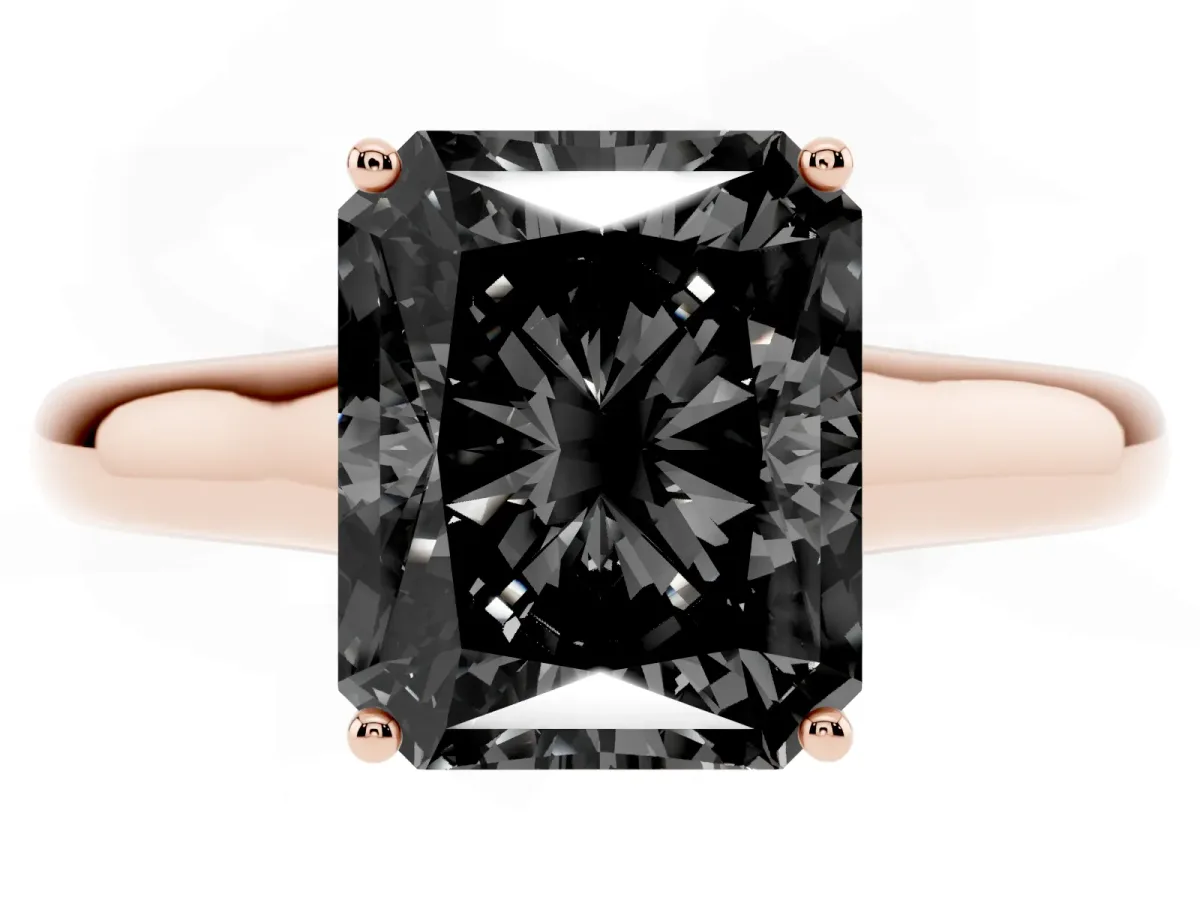 Fancy Black Radiant Cut Solitaire Engagement Ring with Tapered Band and Four-Prong Setting Rose gold