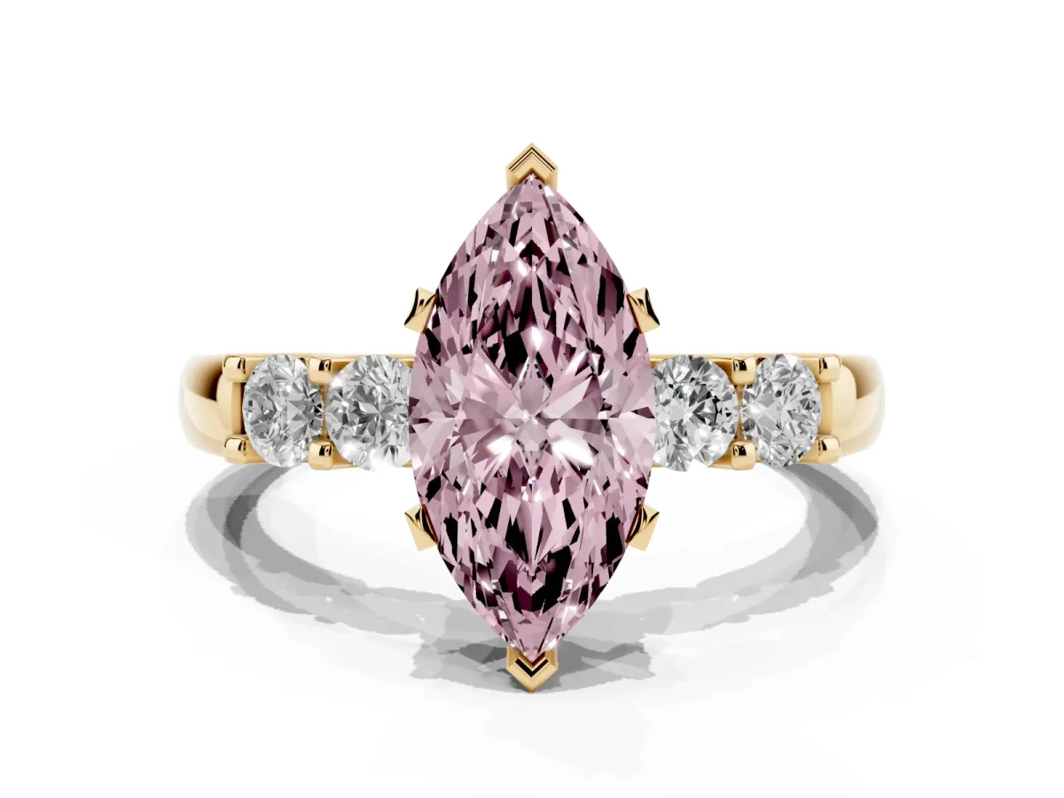 Fancy Pink Marquise Cut Brilliant Cut Diamond Five-Stone Prong Set Engagement Ring with Channel Band Yellow gold