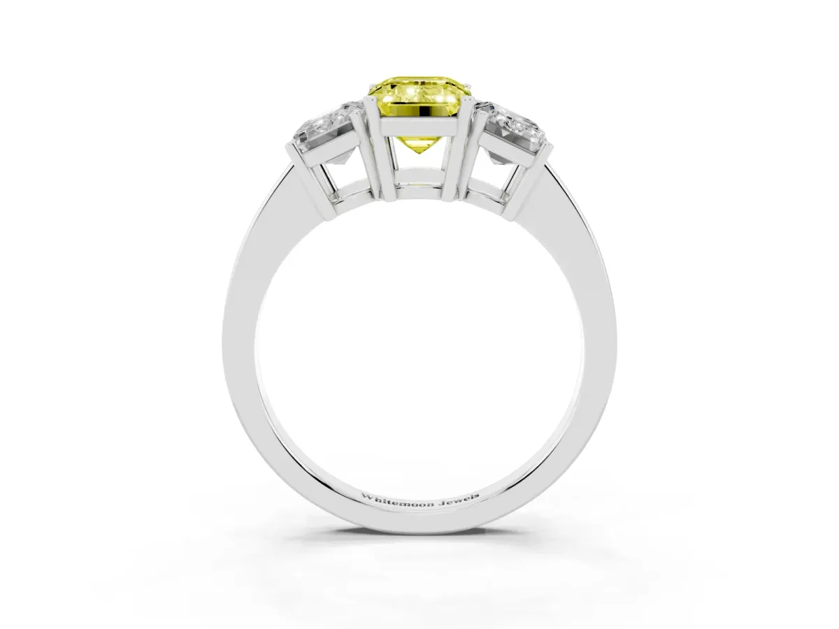 Fancy Yellow Three-Stone Emerald Cut Cut Diamond Engagement Ring with Flat Band and Four-Prong Setting Silver