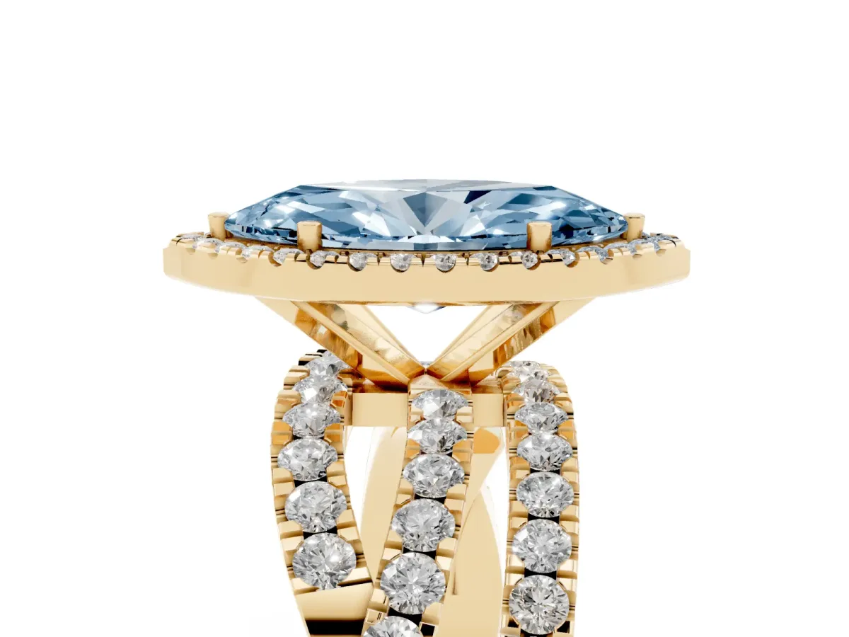 Fancy Blue Marquise Cut Diamond Halo Ring with Round Split Shank and Prong Setting Yellow gold