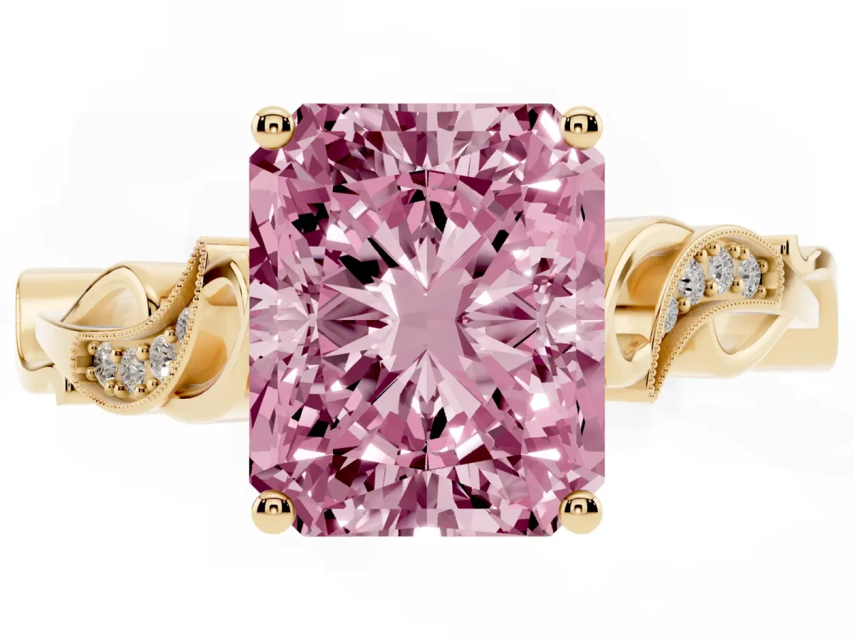 Fancy Pink Radiant Cut Solitaire Vine Band with Milgrain Prong Setting Yellow gold