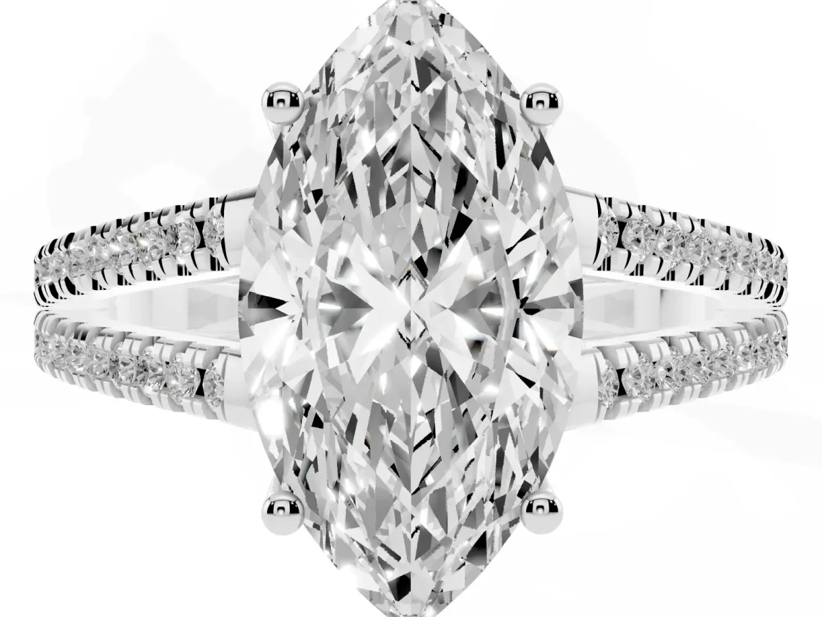 Marquise Cut Diamond Solitaire Engagement Ring with Split Shank Pavé Band Silver