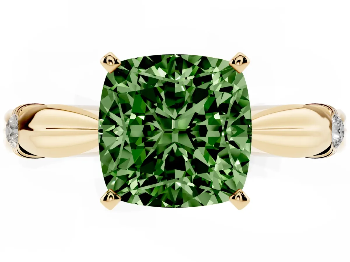 Fancy Green Cushion Cut Solitaire Diamond Twisted Band with Four-Prong Setting Yellow gold