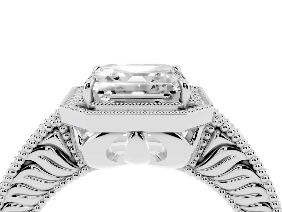Asscher Cut Cut Halo Diamond Ring with Pavé Band and Four-Prong Setting Platinum
