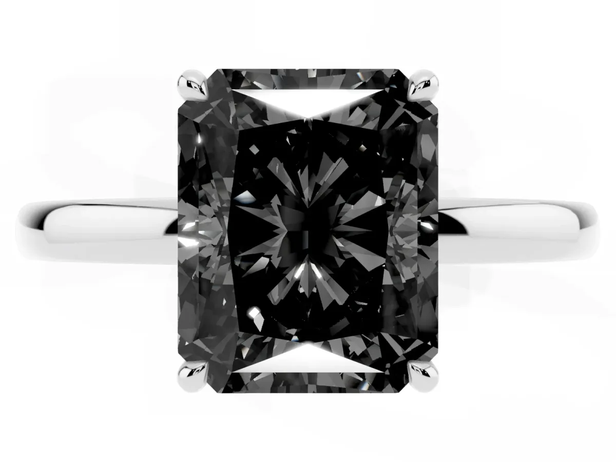 Fancy Black Radiant Cut Solitaire Engagement Ring with Cathedral Band and Four-Prong Setting Silver