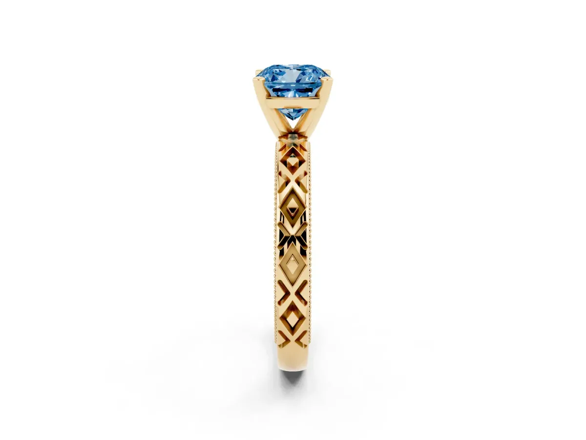 Fancy Blue Cushion Cut Solitaire Diamond Ring with Milgrain and Black Enamel X Pattern Band Yellow gold