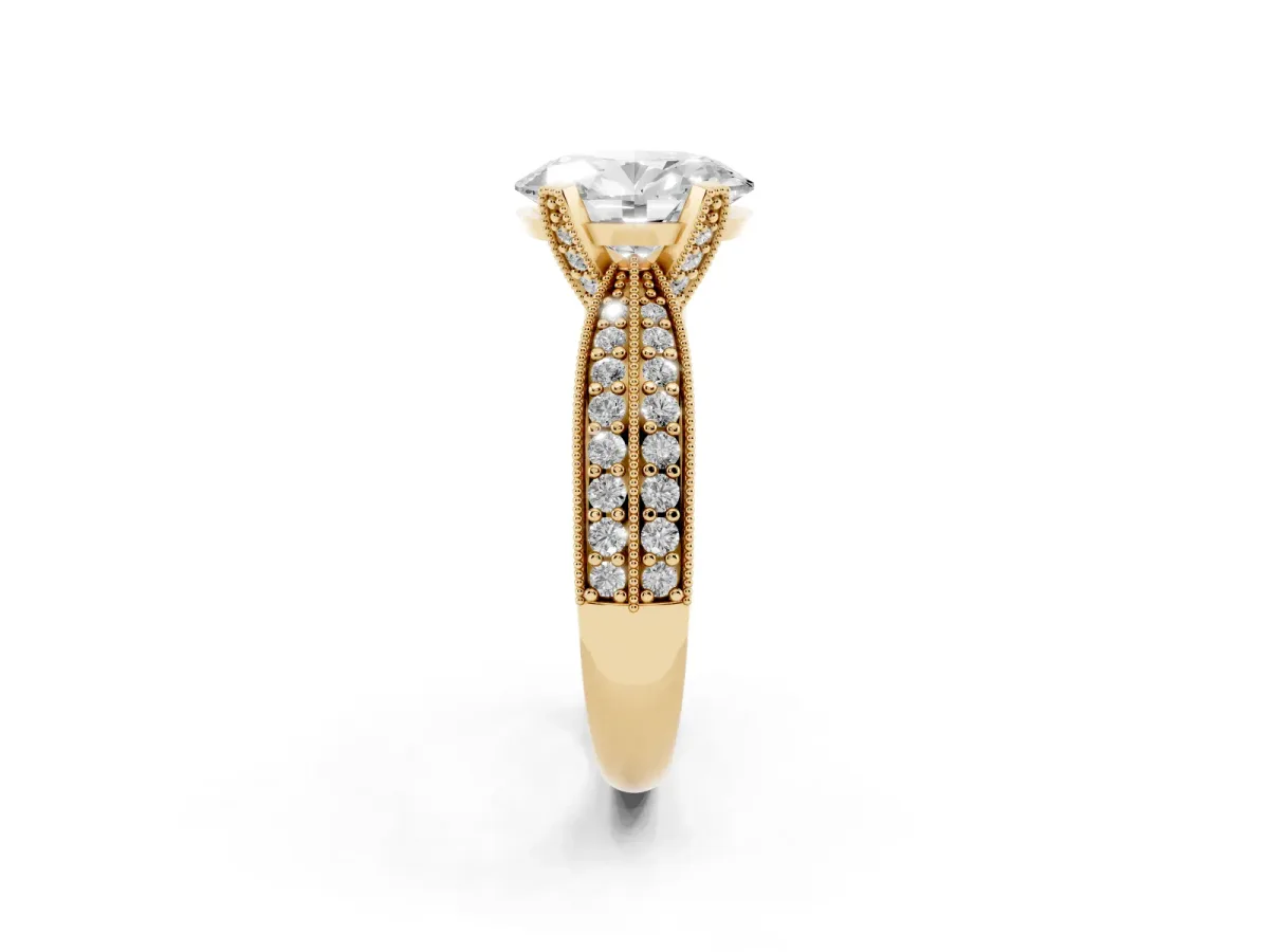 Oval Cut Diamond Solitaire Ring with Milgrain Round Pavé Band and Prong Setting Yellow gold